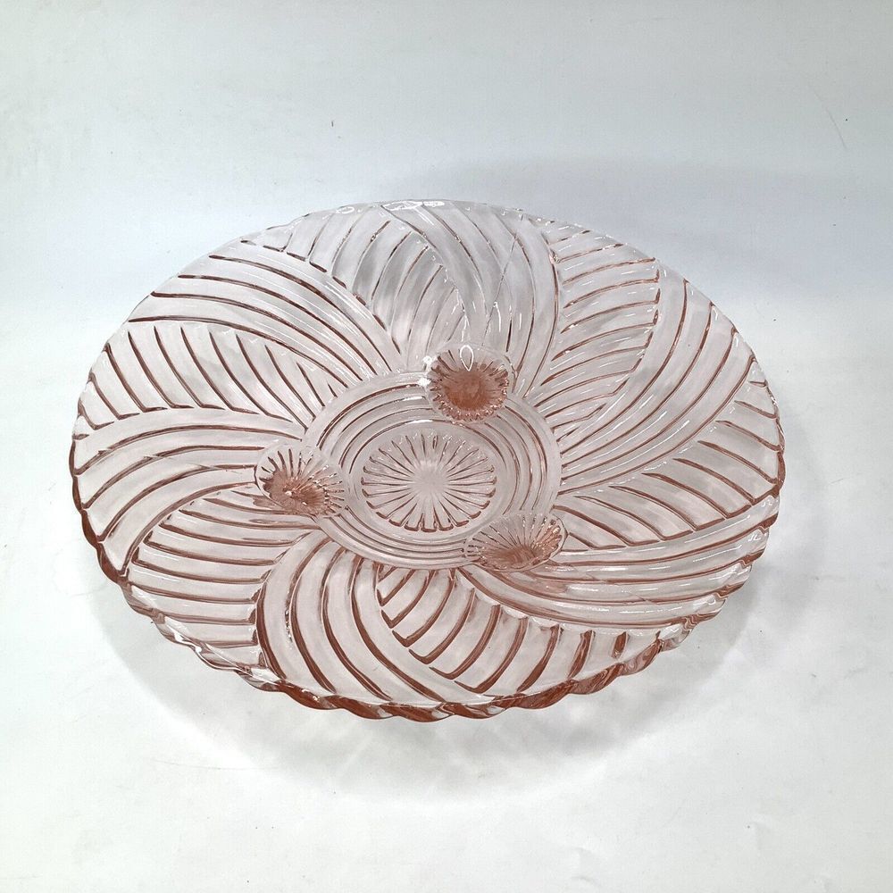 Vintage Anchor Hocking Prismatic Swirl Pink Depression Glass 3 Footed Bowl 1940s